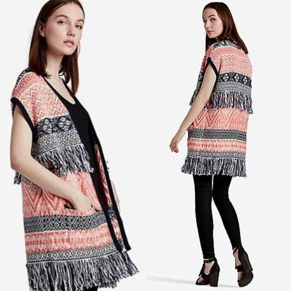 TOPSHOP Troubadour Cape Fringe Fair Isles Fall Cardigan Vest Jacket Size M